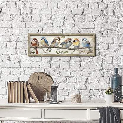 Colorful Bird Framed Wall Art: Cute Chickadee Wooden Painting Vintage Sparrow Picture Bluebird on Branch Prints Countryside Artwork Rustic Decor for Living Room Bedroom Farmhouse