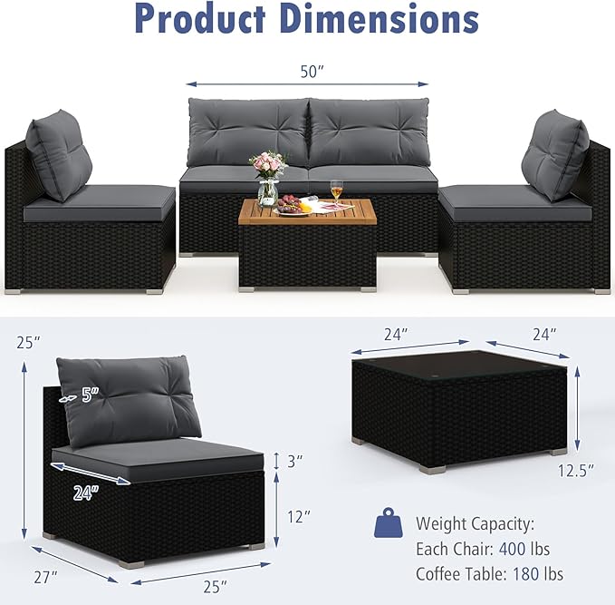 RELAX4LIFE 5-Piece Wicker Outdoor Furniture - PE Rattan Sectional Conversation Set w/4 Armless Sofas & Acacia Wood Coffee Table, Cushioned Patio Sofa Set for Garden Poolside Backyard Porch (Grey)