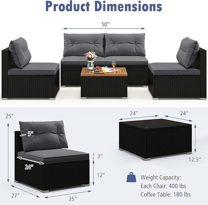 RELAX4LIFE 5-Piece Wicker Outdoor Furniture - PE Rattan Sectional Conversation Set w/4 Armless Sofas & Acacia Wood Coffee Table, Cushioned Patio Sofa Set for Garden Poolside Backyard Porch (Grey)