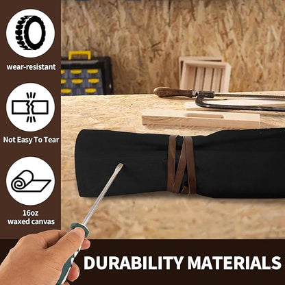 Chisel Roll,Small Tool Roll Pouch,Tool Roll Bag Organizer, Heavy Duty Waxed Canvas Tool Bag, Multi-Purpose Roll-Up Storage Bag for Hand Tools Holder with 6 Pockets Wrench Roll Up Pouch