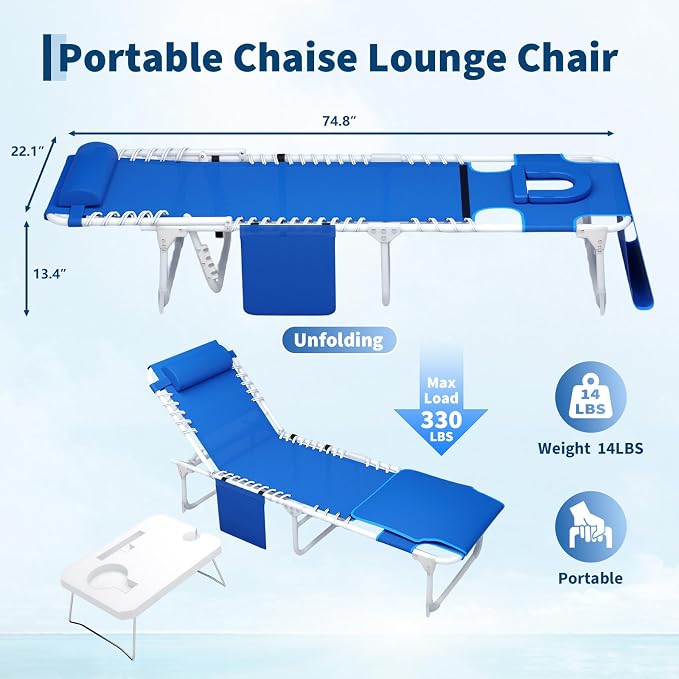 Garvee Tanning Chair with Face Hole, 3-in-1 Outside Beach Lounge Chair with Folding Table, 5 Reclining Positions and Removable Pillow, for Beach, Pool, Patio, Garden -Max 330lbs (Blue)