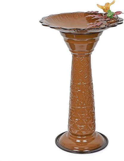 Alpine Corporation ORS112BR Vintage Outdoor Shallow Bowl Metal Pedestal Birdbath with Stand, 28" H, Brown