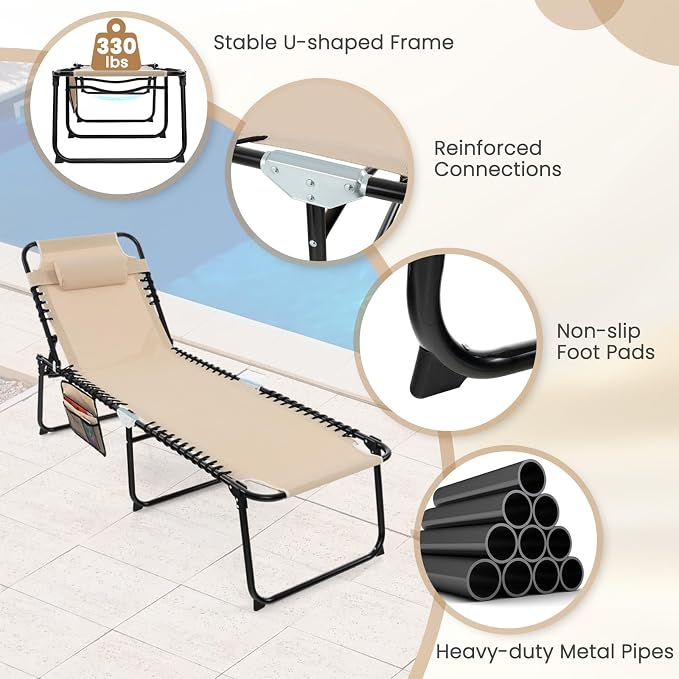 GYMAX Lounge Chairs for Outside, Extra High Folding Beach Tanning Lounger with Adjustable Backrest, Footrest & Removable Pillow, Sunbath Lounge for Patio, Lawn, Poolside (1, Beige with Pocket)