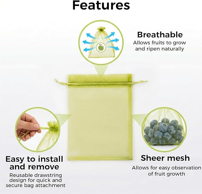 Sukh 100PCS Fruit Protection Bags - 4"x6" Fruit Cover for Fruit Tree Netting Fruit Nets to Protect Tomato Grape Mesh Fruit Organza Bags Green Net Produce Bag for Fruits & Vegetables Reusable