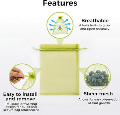 Sukh 100PCS Fruit Protection Bags - 4"x6" Fruit Cover for Fruit Tree Netting Fruit Nets to Protect Tomato Grape Mesh Fruit Organza Bags Green Net Produce Bag for Fruits & Vegetables Reusable