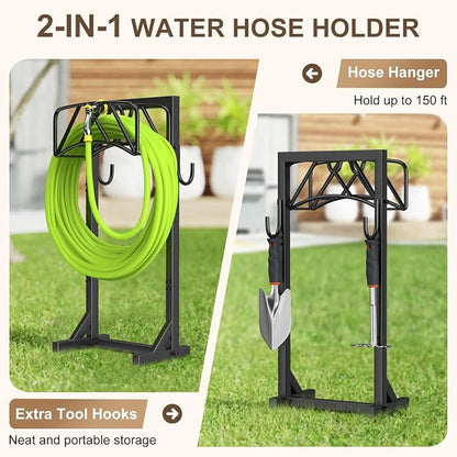 Garden Hose Holder Stand, Heavy Duty Freestanding Hose Holder Rack with 4 Spikes, Holds 150 ft, Outdoor Water Hose Holder for Yard Lawn Garden