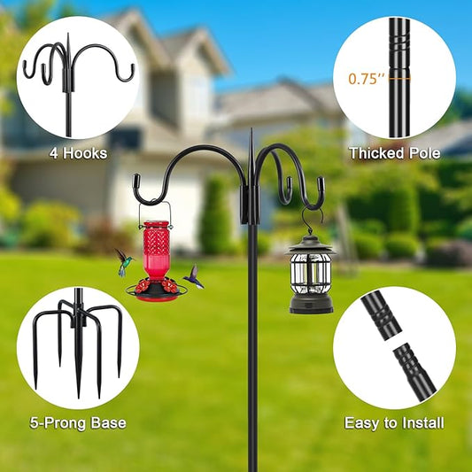 FEED GARDEN Heavy Duty Shepherds Hook 92" Triple Hooks - Metal 5-Prong Base, Adjustable (44/60/76/92") - 15lb Capacity Bird Feeder Pole for Hanging Plants, Solar Lanterns, Wind Chimes, 1 Pack