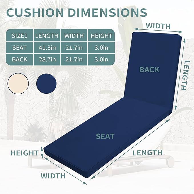 Outdoor Chaise Lounge Cushions for Patio, 72"x22"x3" Lounge Chair Cushions, Waterproof Replacement Seat Cushions for Outdoor Furniture