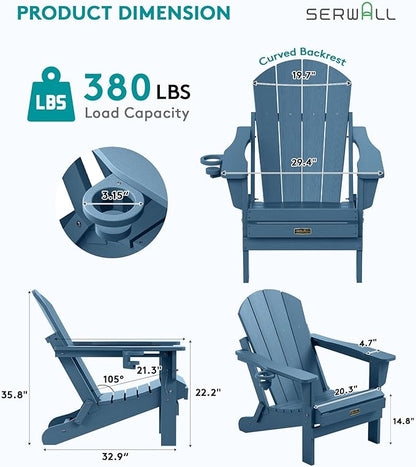 SERWALL Folding Adirondack Chair Outdoor Adirondack Chairs with Cup Holder, Weather Resistant Fire Pit Chairs for Patio - Blue