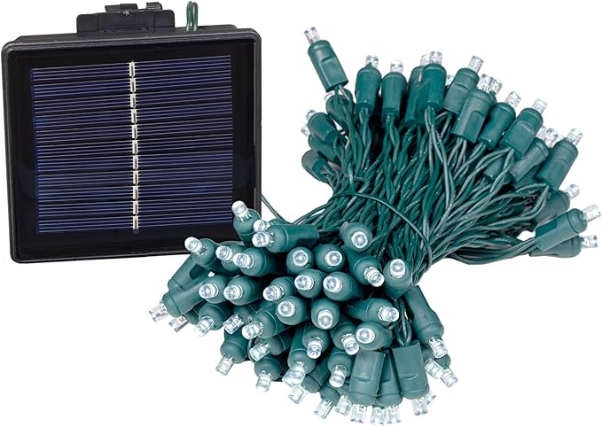 Novelty Lights 100 Light Solar Powered LED Outdoor Mini Light String, 50 Feet on Green Wire, Pure White 5mm Bulbs, Automatic Dusk to Dawn Operation