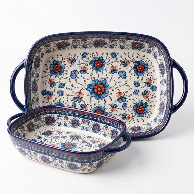 Ceramic Baking Dish with Handles, ceramic bakeware，Hand-painted Polish Pottery Baking Dish Set of 2,Baking Pan Lasagna Pan, Rectangular, Floral Pattern,baking tray Oven Safe 13.22x7.5x2.8 In (blue)