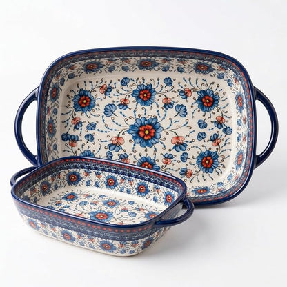 Ceramic Baking Dish with Handles, ceramic bakeware，Hand-painted Polish Pottery Baking Dish Set of 2,Baking Pan Lasagna Pan, Rectangular, Floral Pattern,baking tray Oven Safe 13.22x7.5x2.8 In (blue)