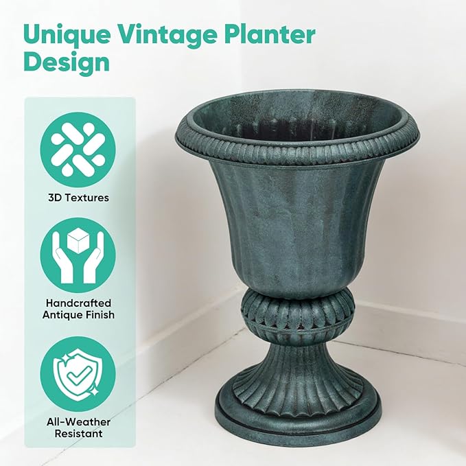 Athena Collection 20''H Garden Plastic Urn Vintage Tall Planter Urn Patio Large Flower Pot Porch Planter Large Planter for Indoor Outdoor Plant, Dark Green