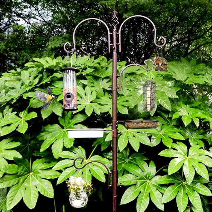 Deluxe Bird Feeding Station Kit with Multi Feeder Hanging Pole, Metal Suet Feeder, Bird Bath, Mesh Tray for Attracting Wild Birds and Planter Hanger (1 Pack)