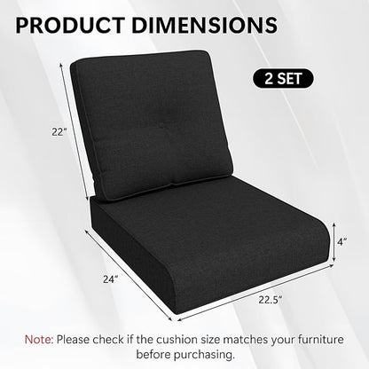 Outdoor Chair Cushions Set for Patio Furniture, 22x25/22x24 Inch, Waterproof & Fade Resistant Patio Chair Cushions, Thick Patio Furniture Cushion for Chair, Sofa, and Couch (Black, 2 Set)