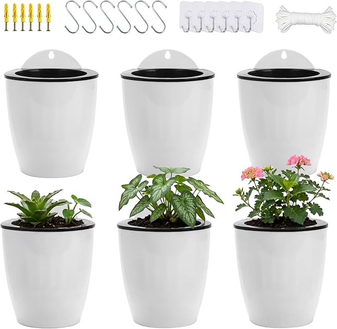ORIMERC 6 Pack White Self Watering Wall Hanging Planter Pots Vertical Garden Window Mount Indoor Outdoor Plant Flower Basket Kitchen Herbs Balcony Railing Shelf Fence Bedroom Trellis Decor(Medium)