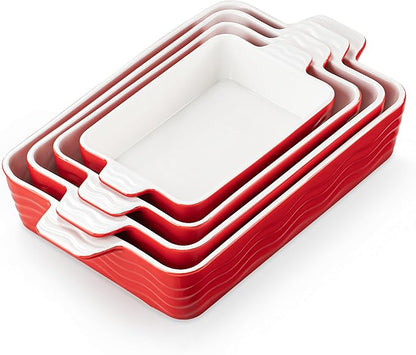 Estmoon Ceramic Baking Dishes Set of 4, Porcelain Baking Pans Set for Oven, Oven Safe and Durable Bakeware Sets Rectangular Ceramic Cookware Set with Handles for Wedding Gift,Red(7.5''/9"/10.6"/12")