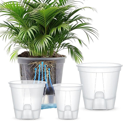 Wonderjune Self Watering Pots for Indoor Plants with Deep Reservoir and High Drainage Holes for Outdoor Plants and Flowers, Bare Root Planter(4.72''/5.91''/7.09''/8.27'',Clear,4 Pcs)
