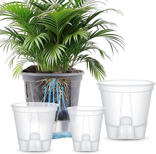 Wonderjune Self Watering Pots for Indoor Plants with Deep Reservoir and High Drainage Holes for Outdoor Plants and Flowers, Bare Root Planter(4.72''/5.91''/7.09''/8.27'',Clear,4 Pcs)
