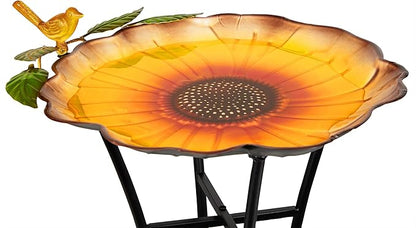Alpine Corporation ORS882 Outdoor Metal Birdbath w/ Stylish Stand, Sunflower Birdbath Bowl and Stand Set, 29"H, Yellow/Green