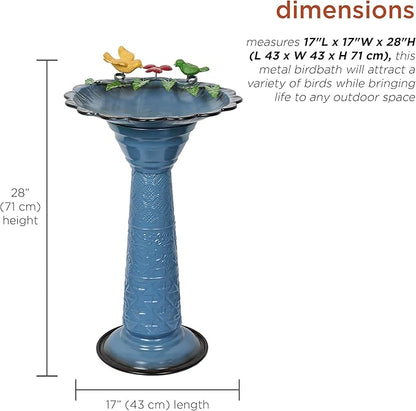 Alpine Corporation ORS112BL Vintage Metal Pedestal Birdbath with Stand, Shallow Bird Bath Bowl for Outside, 28" H, Blue