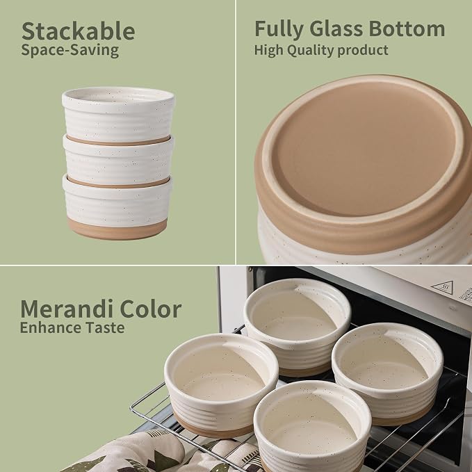 Frewinky Ceramic Ramekins 6 oz Set of 6, Creme Brulee Cups and Sauce Bowls | Six 6 oz ceramic ramekins for creme brulee, pudding, custard, dips and sauces;