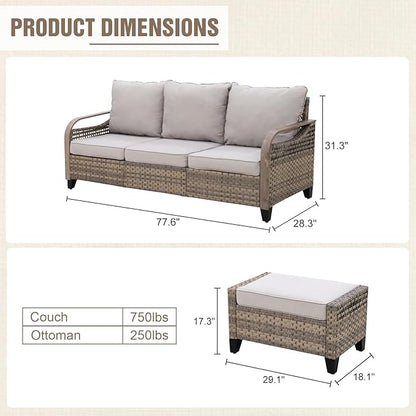 Modern Wicker Patio Furniture Set, Rattan Outdoor Conversation Set with Comfortable Cushions, 3 Seat Couch and 2 Ottomans, 3 Pieces, Brown/Gray
