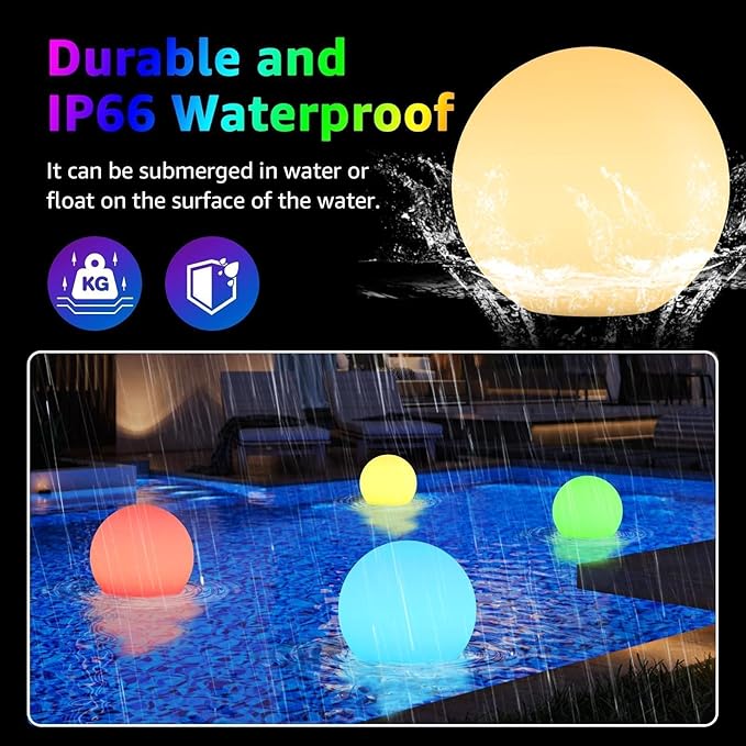 FUYO 16-inch LED Ball Lamp with Remote Rechargeable Waterproof, Glowing Globe Light 16 RGB Colors Orb Sphere for Indoor Outdoor Home Patio Pool Party Decor (White 16-inch)