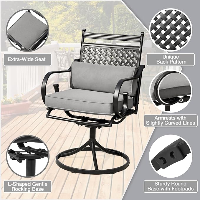 MELLCOM Patio Swivel Chair Set of 2, Heavy Duty Outdoor Dining Chairs with Cushions and Lumbar Pillows, Metal Patio Chairs Gentle Rocker for Outside, Garden Lawn & Porch, Backyard, Grey