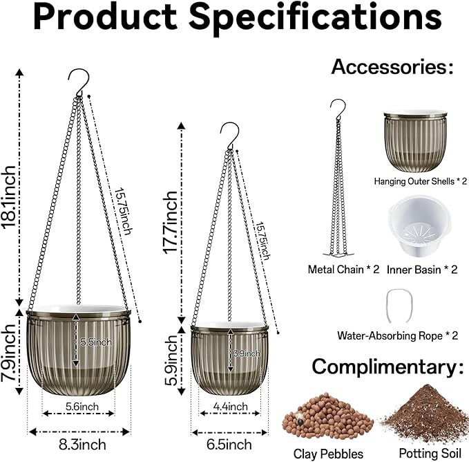Halatool 2 Pack Hanging Planters Indoor Plant Pots, 6.5" & 8.3" Self Watering Hanging Basket Flower Pot, Translucent Plant Hanger with Drainage Holes for Garden Home Wall Decor (Starry Gray)