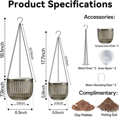 Halatool 2 Pack Hanging Planters Indoor Plant Pots, 6.5" & 8.3" Self Watering Hanging Basket Flower Pot, Translucent Plant Hanger with Drainage Holes for Garden Home Wall Decor (Starry Gray)
