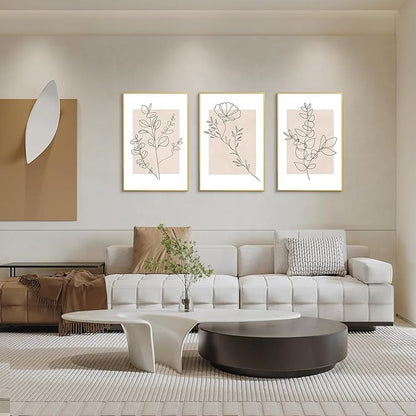 CHDITB Floral Line Framed Canvas Wall Art Set, Minimalist Flower Wall Decor, Neutral Beige Plants Wall Painting, Abstract Botanical Leaf Stripe Art Print for Living Room, Bedroom, Office - 16"x24"x3