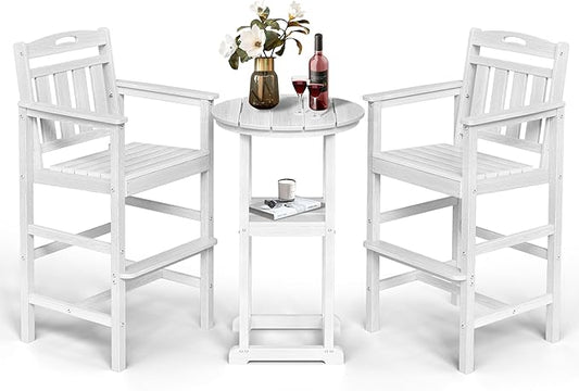 Ciokea Balcony Chairs and Table 3 Pieces Set, Outdoor High Top Bar Set, HDPE Oversized Adirondack Bar Chairs Set of 2 and Round Table for Outside Dining Bistro Poolside Backyard,