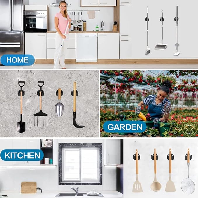 JAMEND CLXP 9PCS Broom and Mop Holder, Heavy Duty Garden Tool Organizer Rack Rake and Shovel Handle, Stainless Steel Mop Hanger. Screws for Wall Mounted. Matte Black
