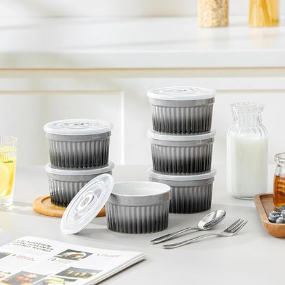 vancasso 8 oz Ramekins with Lid, Porcelain Creme Brulee Souffle Dishes, Grey Pudding Custard Cups Ramiken for Baking, Dishwasher and Oven Safe, Set of 6
