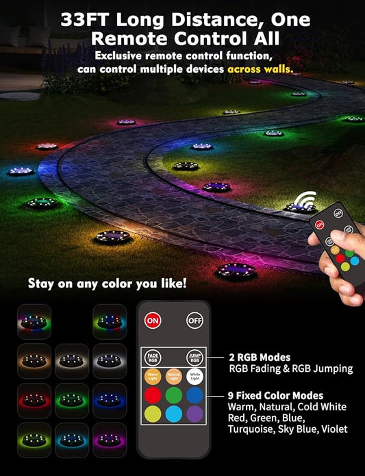 Color Changing Solar Ground Lights with 33ft Long Distance Remote Control - Flat Solar Lights Outdoor Waterproof - Pathway Lights Solar Powered for Yard Decorative Outside Lawn Walkway [10 Pack]