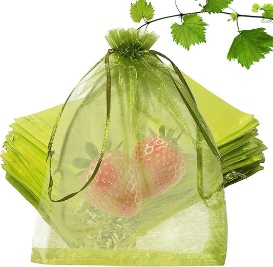 100Pcs Fruit Protection Bags, Green Drawstring Mesh Netting Covers, 3.9X5.9Inch Pest Barrier for Strawberry, Tomato, Blueberry & Small Fruits Vegetables Garden
