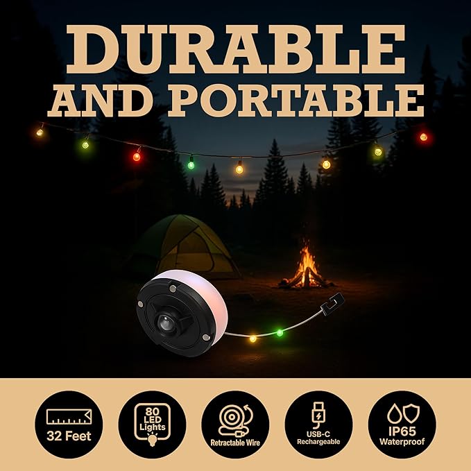 Bell+Howell 32 Ft Retractable Camping String Lights with Flash Light & Hanging Hook, LED Color Changing for Backyard, Holidays, Portable String Lights Outdoor Waterproof IP65, USB-C Cable Included
