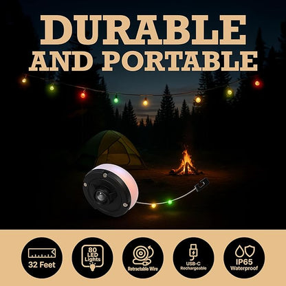 Bell+Howell 32 Ft Retractable Camping String Lights with Flash Light & Hanging Hook, LED Color Changing for Backyard, Holidays, Portable String Lights Outdoor Waterproof IP65, USB-C Cable Included