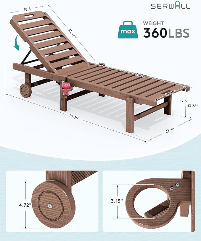 SERWALL Patio Chaise Lounge Set of 2, Outdoor Lounge Chair with 5 Positions Adjustable Backrest, HDPE Lounger with Rolling Wheels & Cup Holder for Poolside, Beach, Garden, Brown