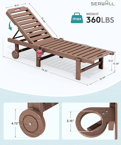 SERWALL Patio Chaise Lounge Set of 2, Outdoor Lounge Chair with 5 Positions Adjustable Backrest, HDPE Lounger with Rolling Wheels & Cup Holder for Poolside, Beach, Garden, Brown