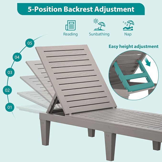Outdoor Lounge Chairs Set of 4 for Poolside Patio, Weather-Resistant Pool Chaise Lounge with Adjustable Backrest, Resin Tanning Chair Sun Lounger for Outside Deck, Beach, Sunbathing, Taupe