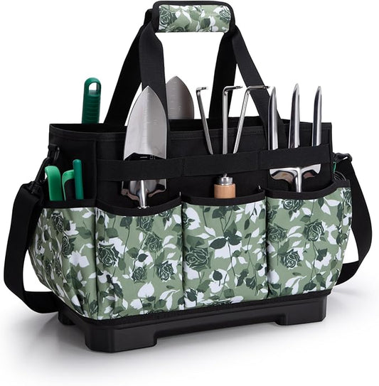 Marscamd Garden Tool Bag with Hard Bottom, Garden Tote with Shoulder Strap and Multiple Pockets (No Accessories Included), Green Rose