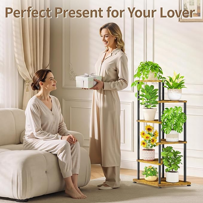LASZOLA 5 Tier Tall Wood Plant Stand Indoor, Heavy Duty Corner Plant Rack for Large Planters, Multi Level Vertical Metal Flower Holder Display Shelf for Living Room Patio Balcony Garden, Rustic Brown