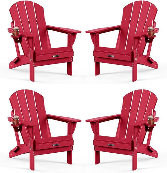 MUCHENGHY Folding Adirondack Chairs Set of 4, Patio Chairs, Lawn Chairs, Outdoor Chairs, Adirondack Chair Plastic, Fire Pit Chairs, Weather Resistant with Cup Holder for Deck, Backyard, Garden(Red)