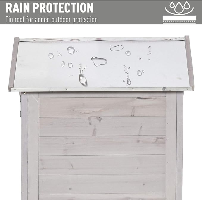 Outsunny 36" x 25" x 79" Wooden Storage Shed Cabinet, Outdoor Tool Shed Organizer with 4-Tier, 3 Shelves with Handle Tin Roof Magnetic Latch Foot Pad, Light Grey