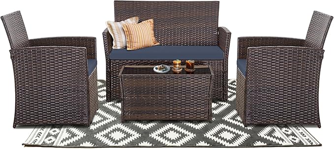 4 Piece Patio Furniture Set, Outdoor Wicker Conversation Set, Rattan Sectional Sofa Couch with Glass Coffee Table & Thick Cushion for Backyard, Porch, Garden, Poolside, Brown/Blue