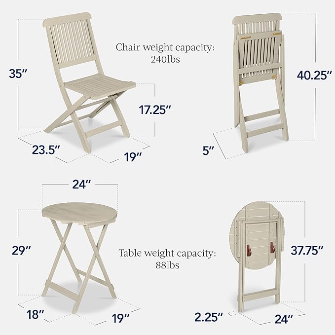 Best Choice Products 3-Piece Acacia Wood Bistro Set, Folding Patio Furniture for Backyard, Balcony, Deck w/ 2 Chairs, Round Coffee Table, Teak Finish - Cream