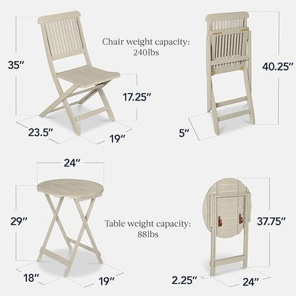 Best Choice Products 3-Piece Acacia Wood Bistro Set, Folding Patio Furniture for Backyard, Balcony, Deck w/ 2 Chairs, Round Coffee Table, Teak Finish - Cream