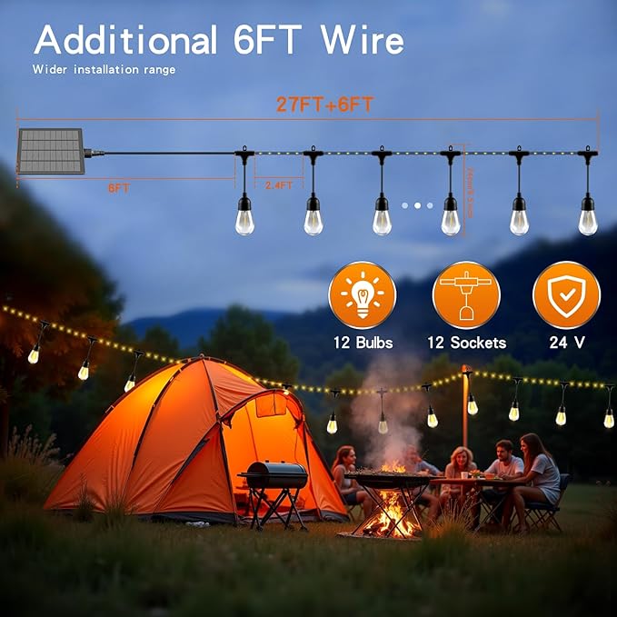 33FT Outdoor Solar String Lights Waterproof with USB Port & Remote Control, Solar Patio Lights Long Last for 20+Hrs, Dimmable LED Shatterproof Bulbs, outdoor lights for Camping Backyard Garden